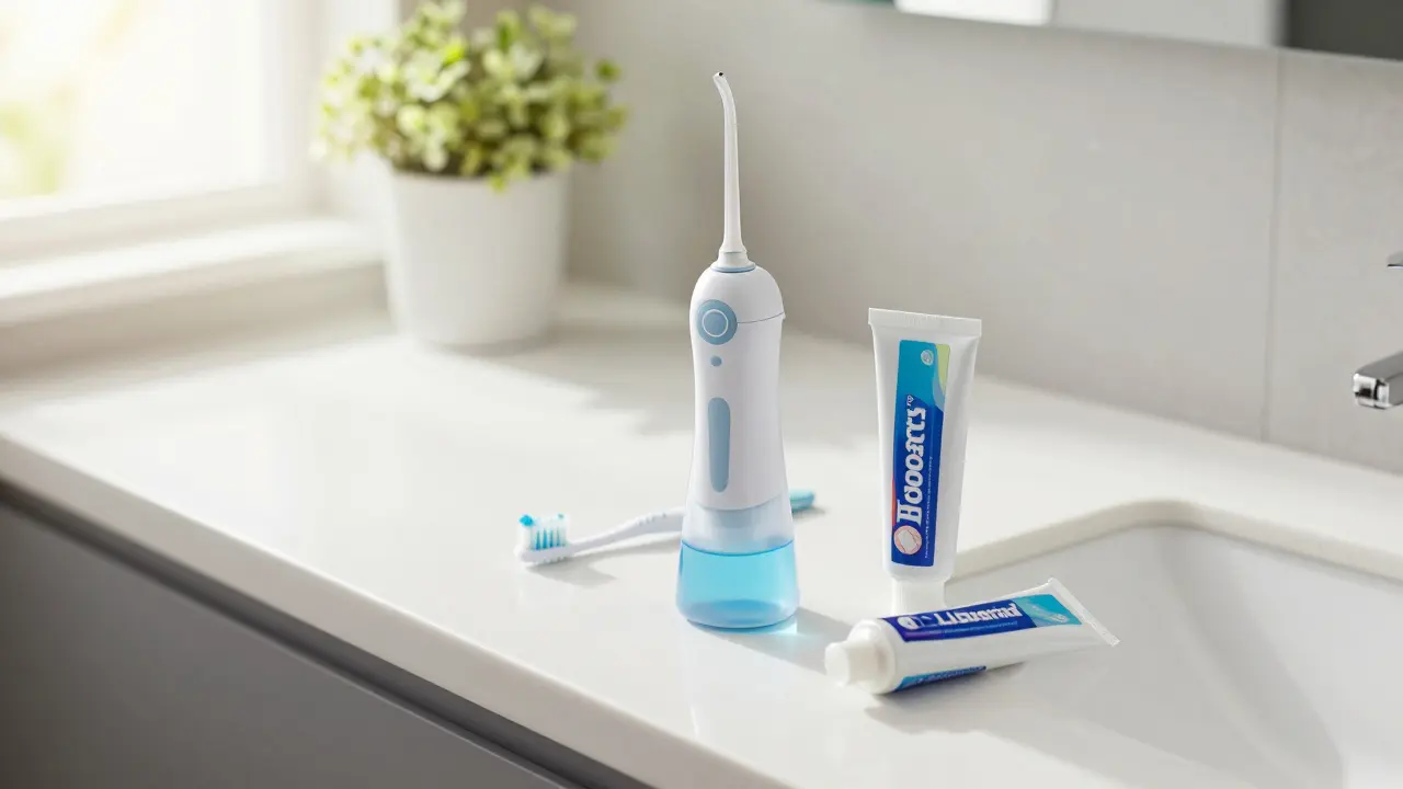 Hygienické pomůcky pro čištění rovnátek na umyvadle