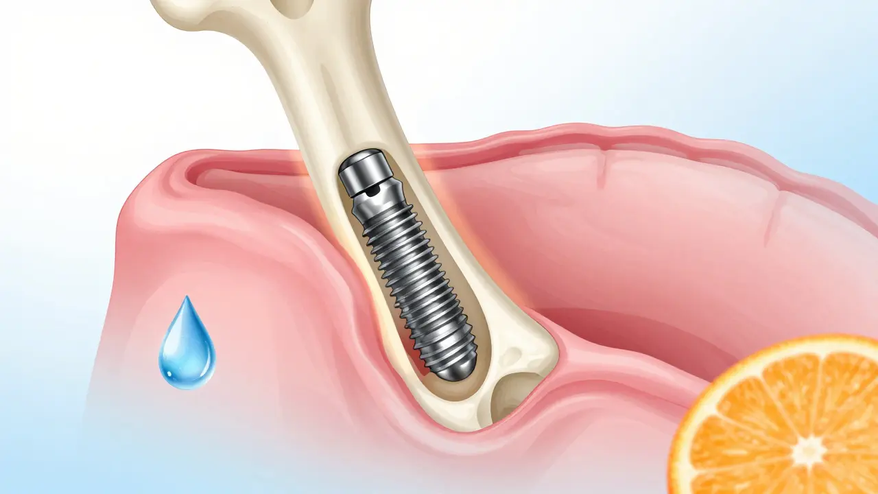 Ilustrace zubního implantátu integrovaného do čelistní kosti
