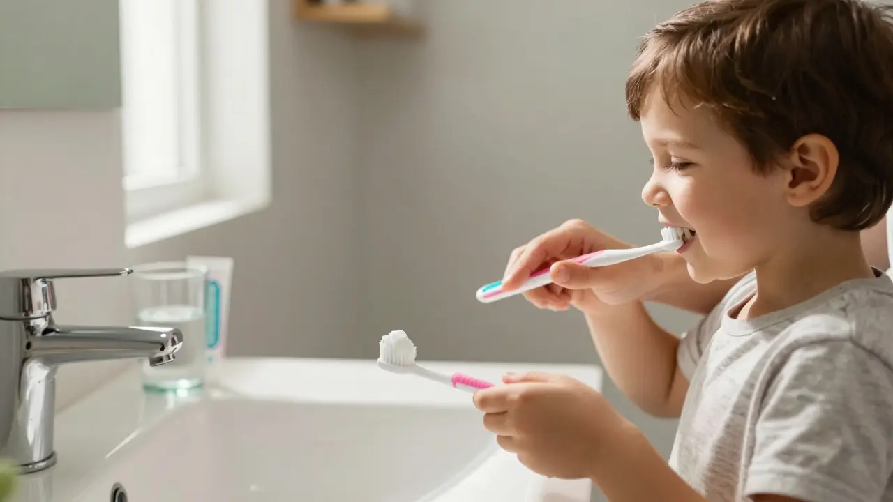 Rodič čistí zuby malému dítěti v koupelně s fluoridovou pastou