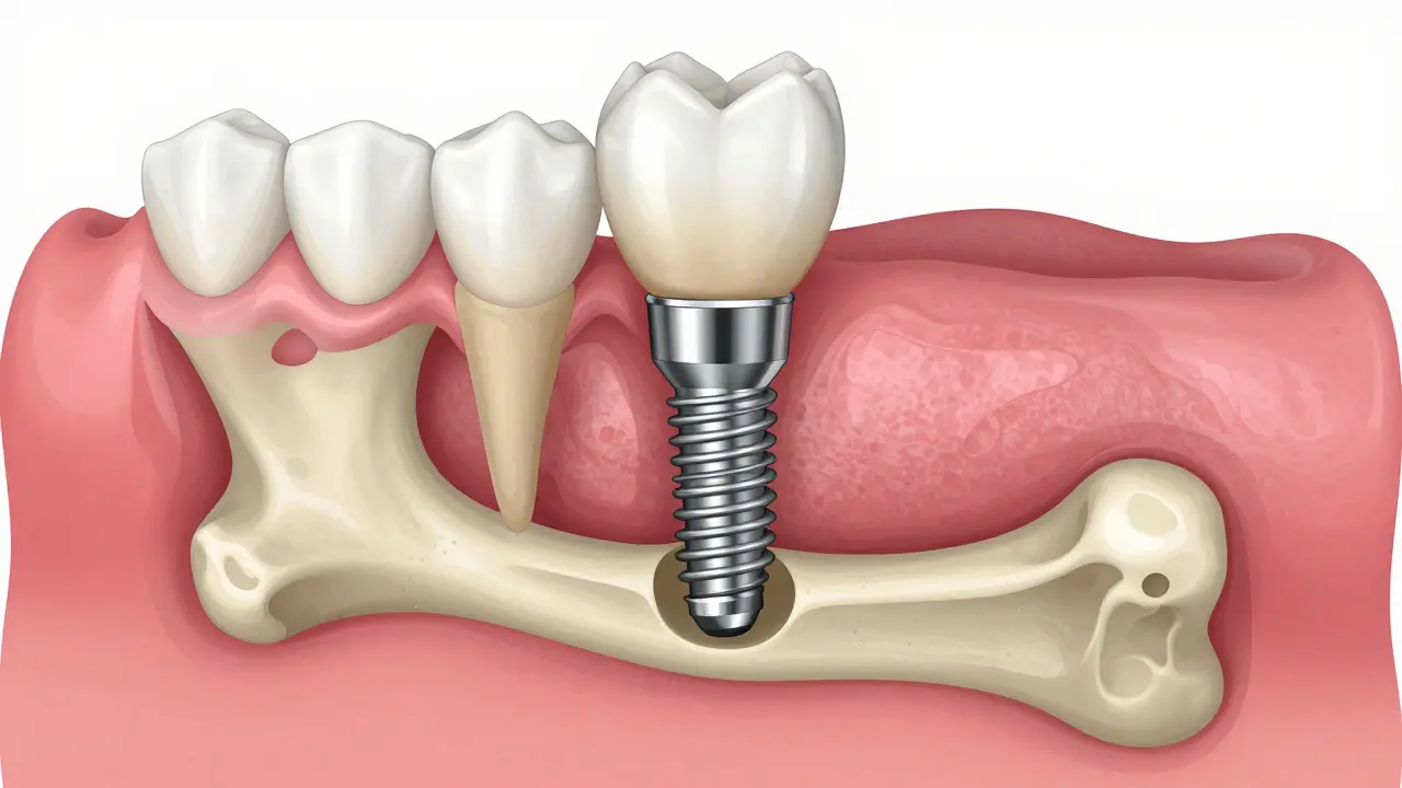 Anatomický pohled na titanový implantát s korunou v čelisti