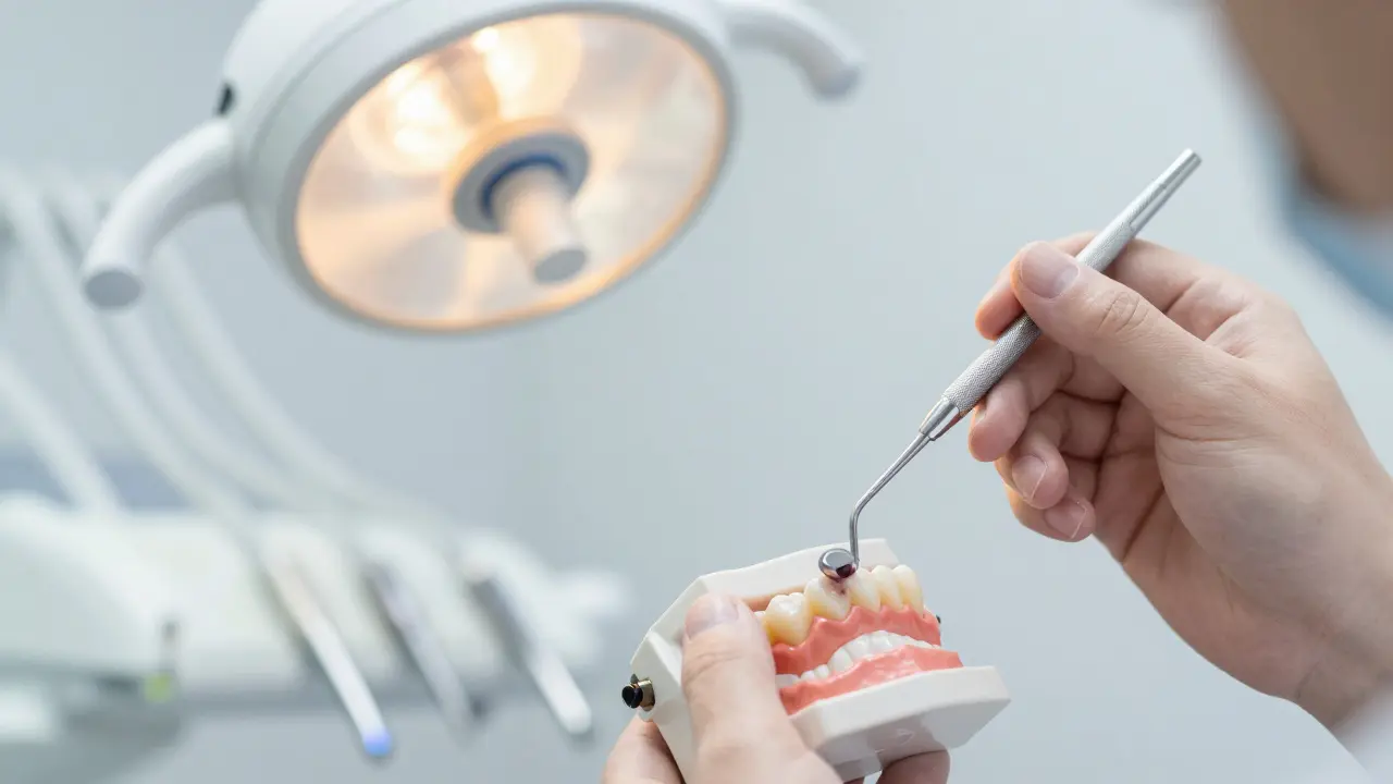 Dentista zkoumá povrch zuba sondou pro diagnostiku