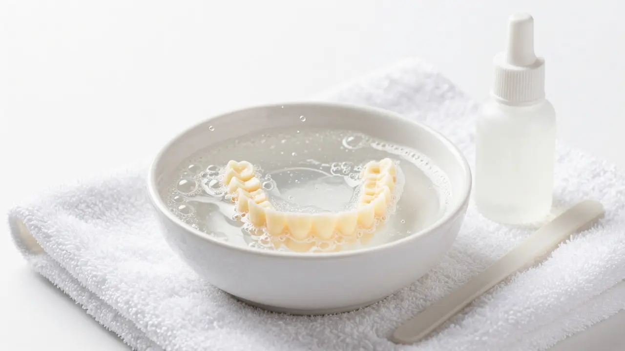 Dentury namočené v bublající čistící roztoku na noční dezinfekci
