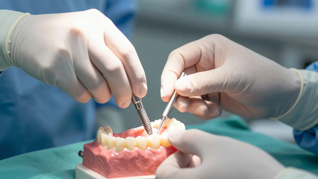 Detail chirurgického zákroku s titánovým zubním implantátem