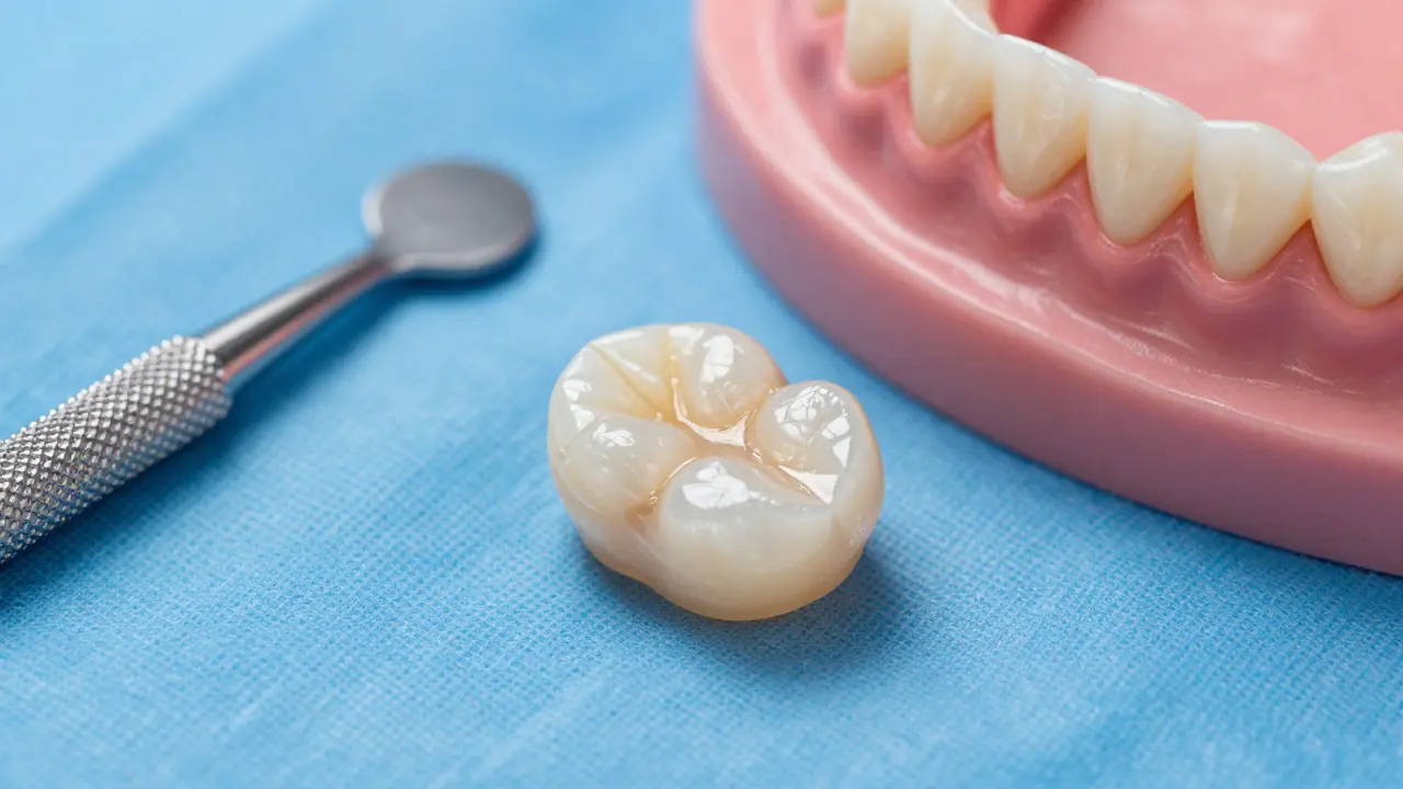 Detail kompozitního inlaye vedle modelů zubů na chirurgickém plátně