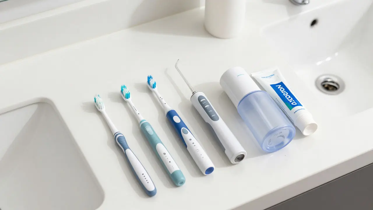 Hygienické pomůcky pro čištění zubů s rovnátky na stole