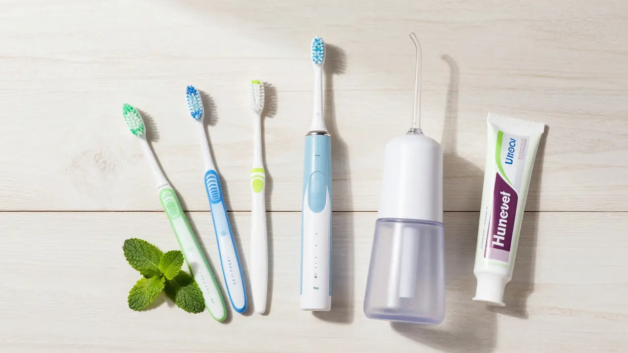 Hygienické potřeby pro čištění zubů s rovnátky na stole