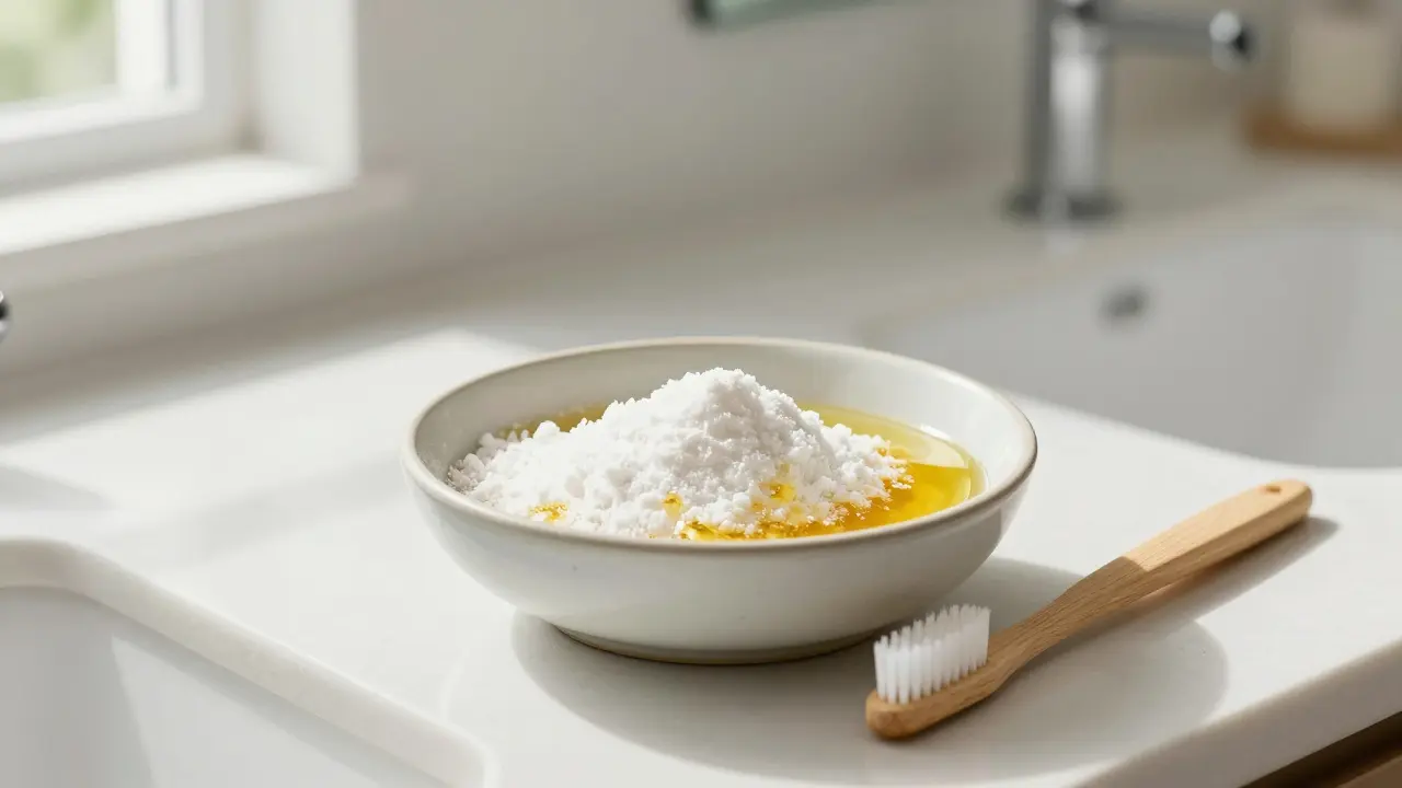 Pasta z jemné soli a medu vedle kartáčku na zubách