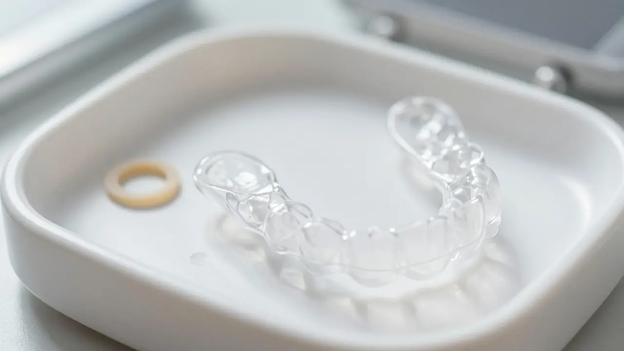 Průhledná neviditelná rovnátka a elastické gumičky na bílém podkladu