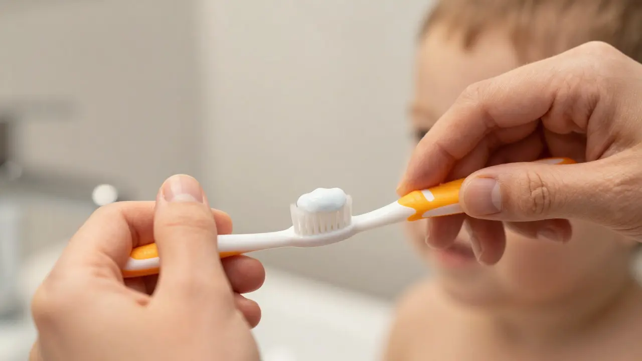 Rodič pečlivě čistí zuby batěti kartáčkem s pastou v koupelně