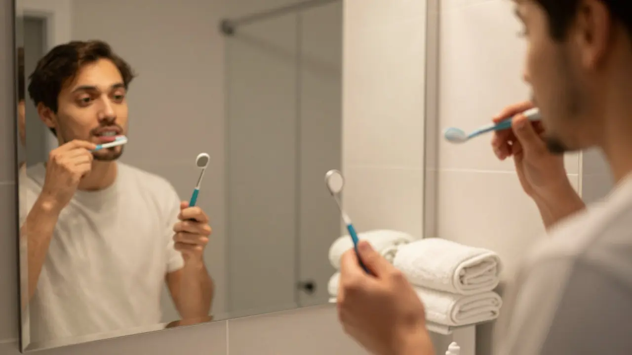 Člověk kontroluje zuby pomocí dentálního zrcátka během večerního čištění