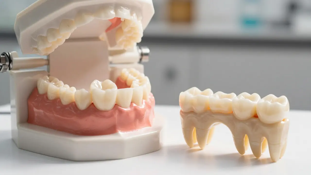 Detail zubní korunky a mostu na modelu chrupu
