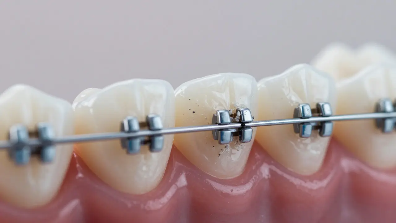 Detail zubu s rovnátkem ukazuje hromadění plaku kolem držáku
