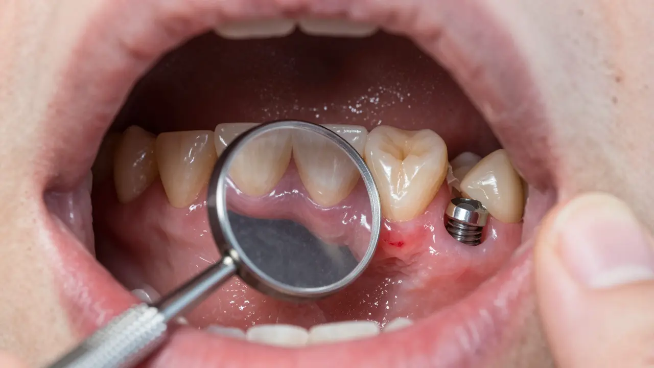 Makro záběr zadního moláru s implantátem a zrcátkem zobrazujícím dásně