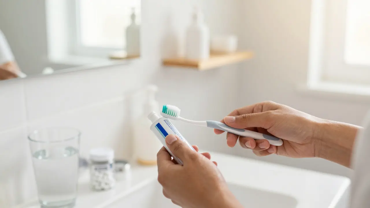 Osoba si čistí zuby fluoridovou pastou v koupelně