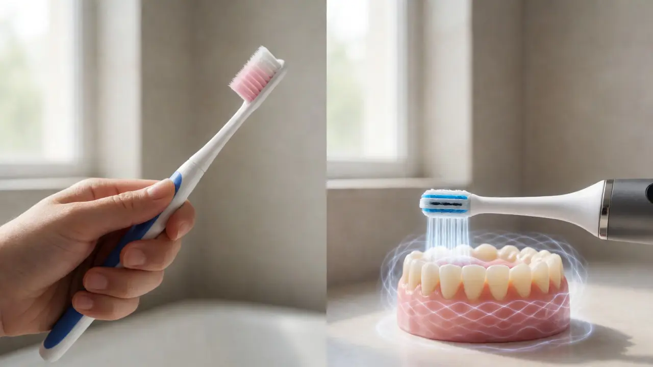 Porovnání agresivního ručního čištění s jemným sonickým kartáčkem na zubech.