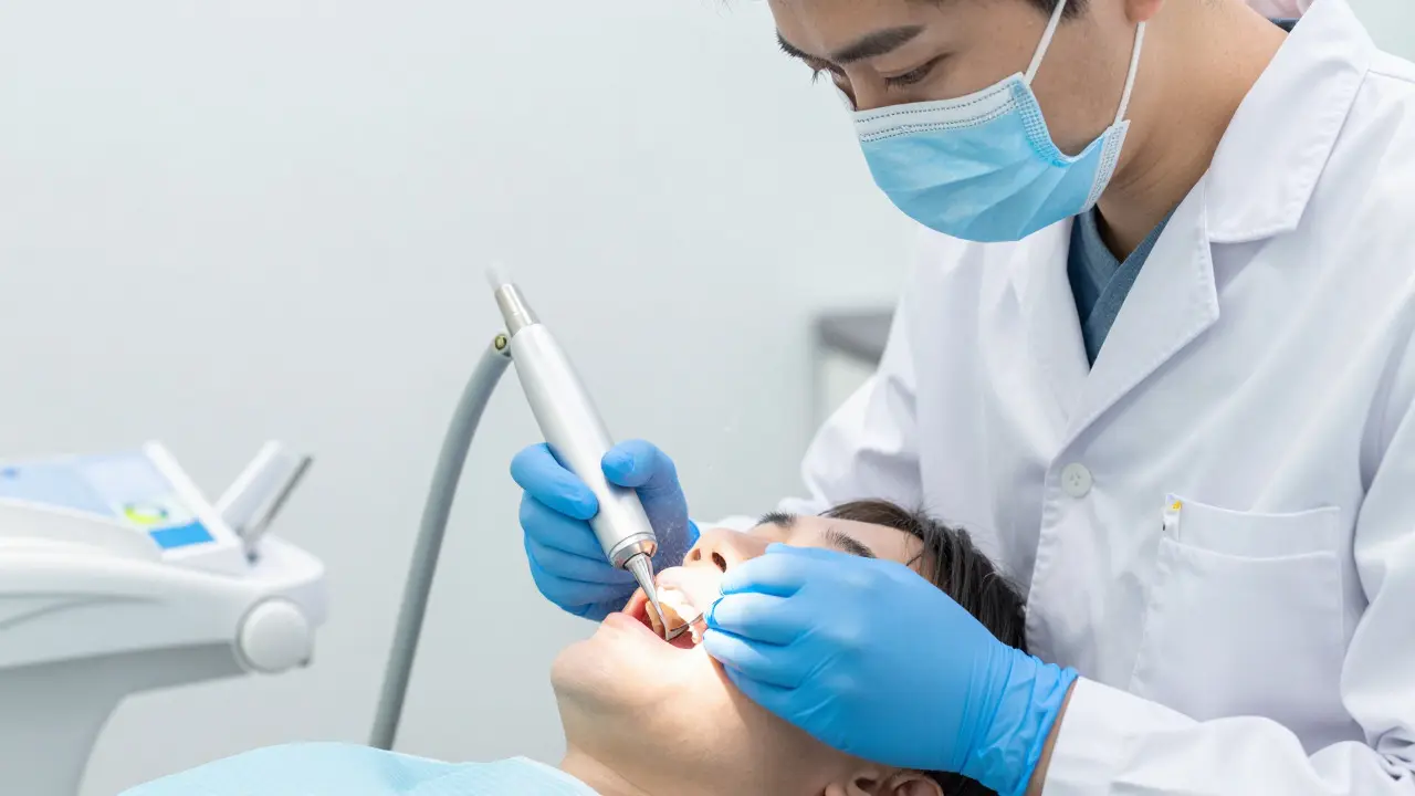Stomatolog provádí ultrazvukové čištění zubního kamene v moderní klinice