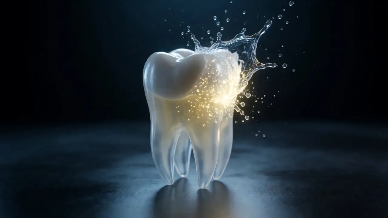 Vizuální znázornění eroze zubní skloviny kyselým nápojem odhalující dentin.