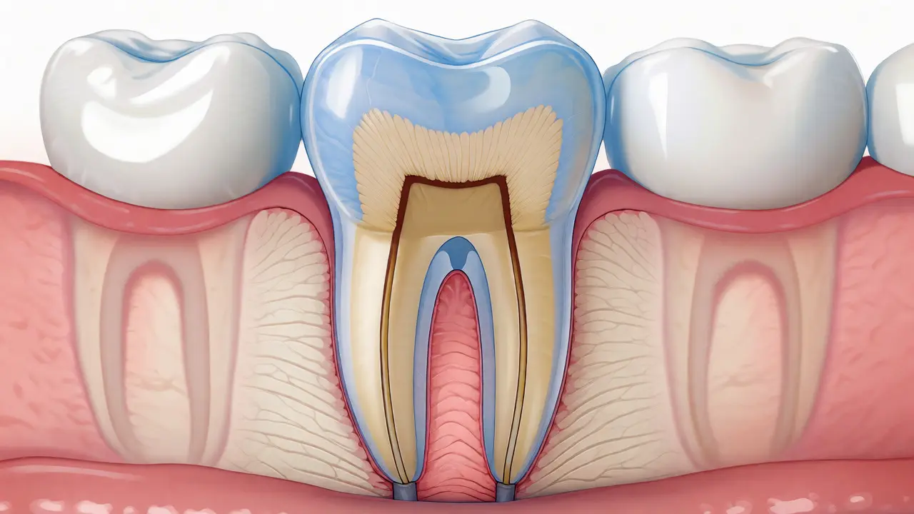 Anatomický řez zdravým zubem ukazující sklovinu, dentin a pevné ukotvení v dásni