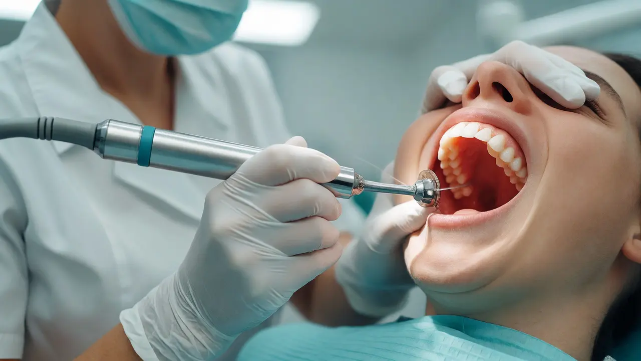 Dentální hygienista odstraňuje kámen ultrazvukovým přístrojem