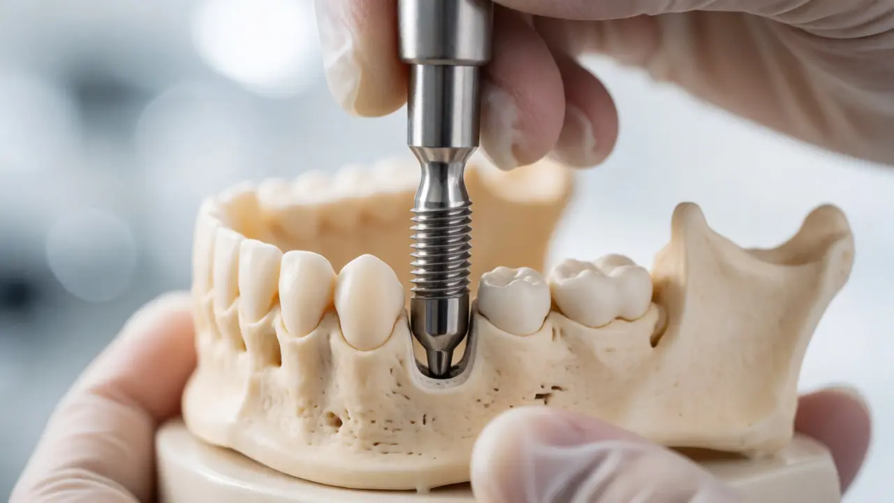 Detailní záběr na zavádění titanového zubního implantátu do čelisti.