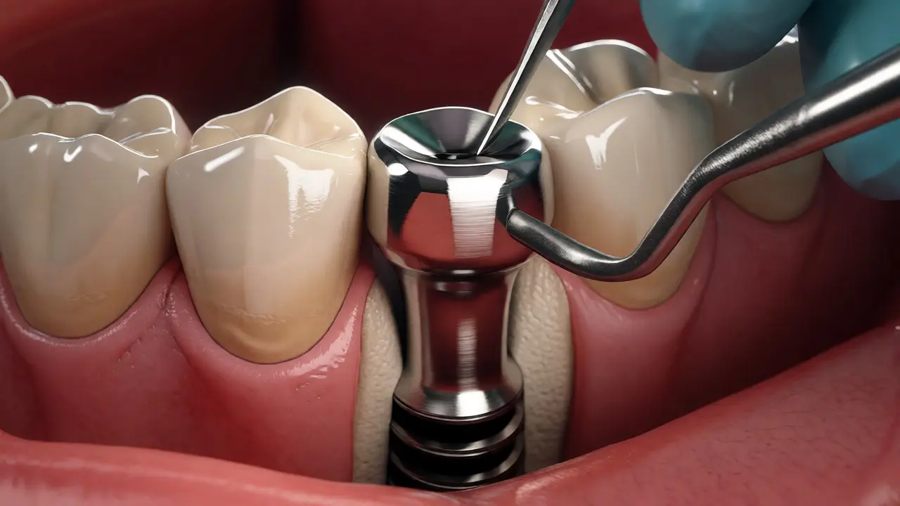 Detailní záběr na zavádění titanového zubního implantátu do kosti