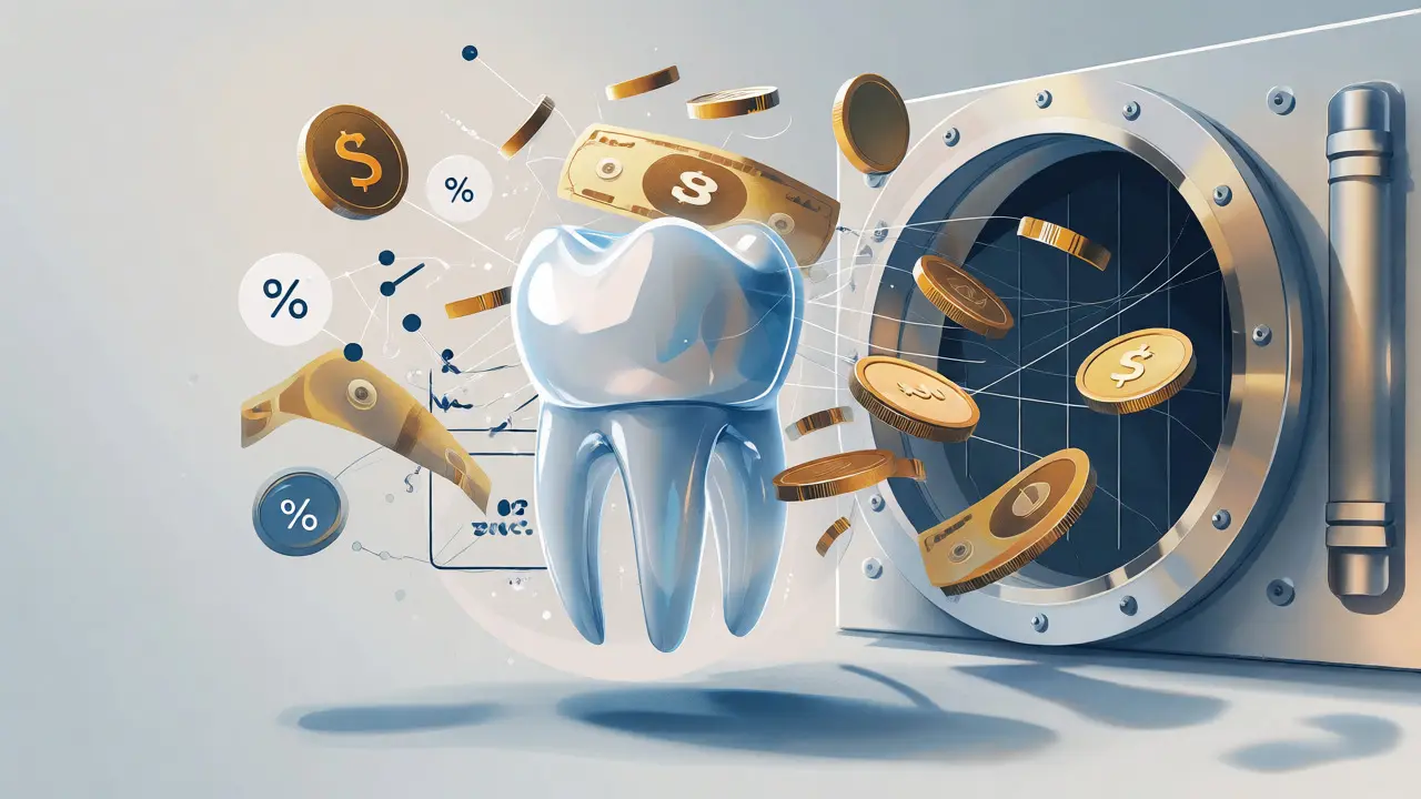 Konceptuální ilustrace spojující zubní fazetu s finančními prostředky a splátkami.