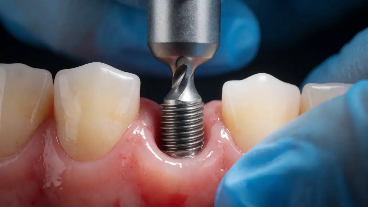 Makro záběr na zavádění titanového zubního implantátu do dásně