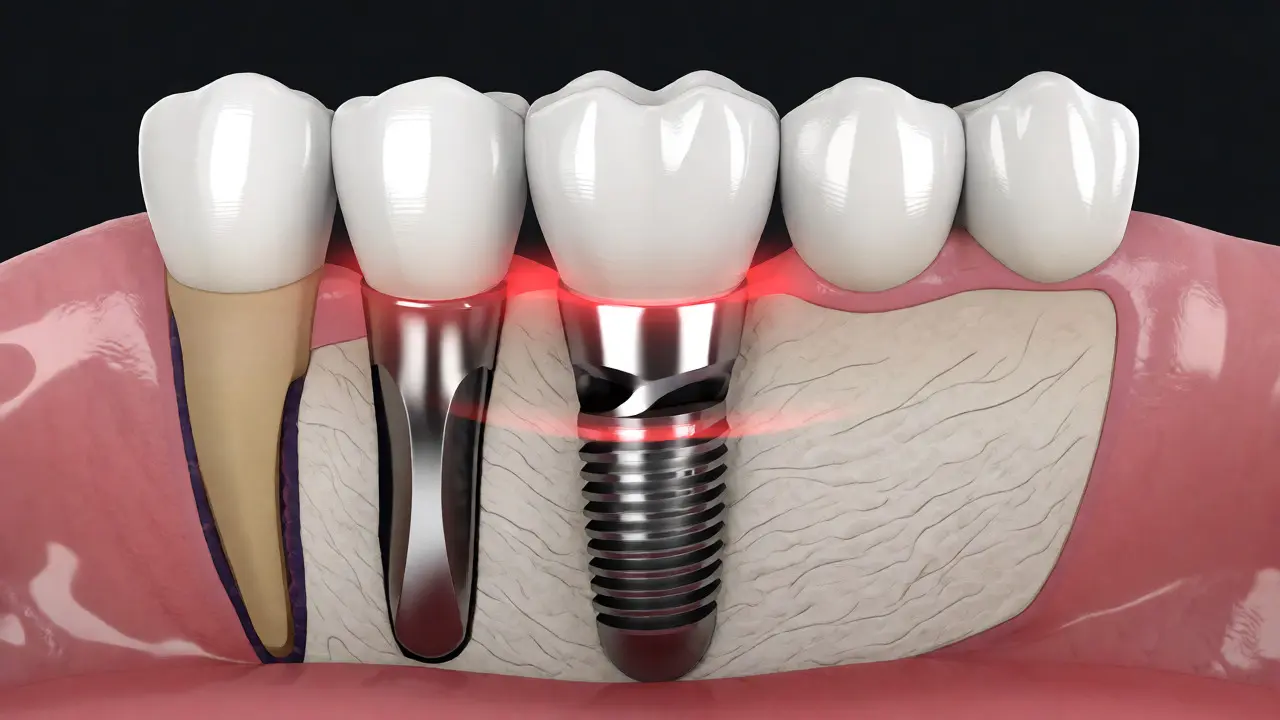 Medicínská ilustrace řezu čelistí ukazující pevné ukotvení titanového implantátu do kosti.