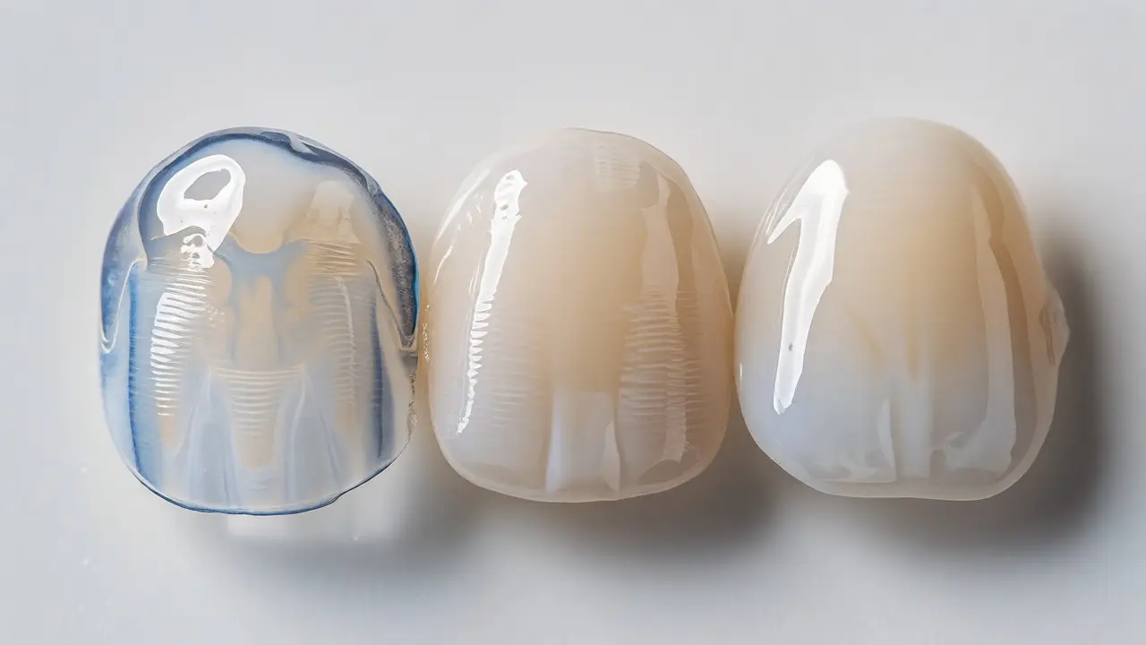 Porovnání materiálů zubních vinyrů: porcelán, kompozit a plast.