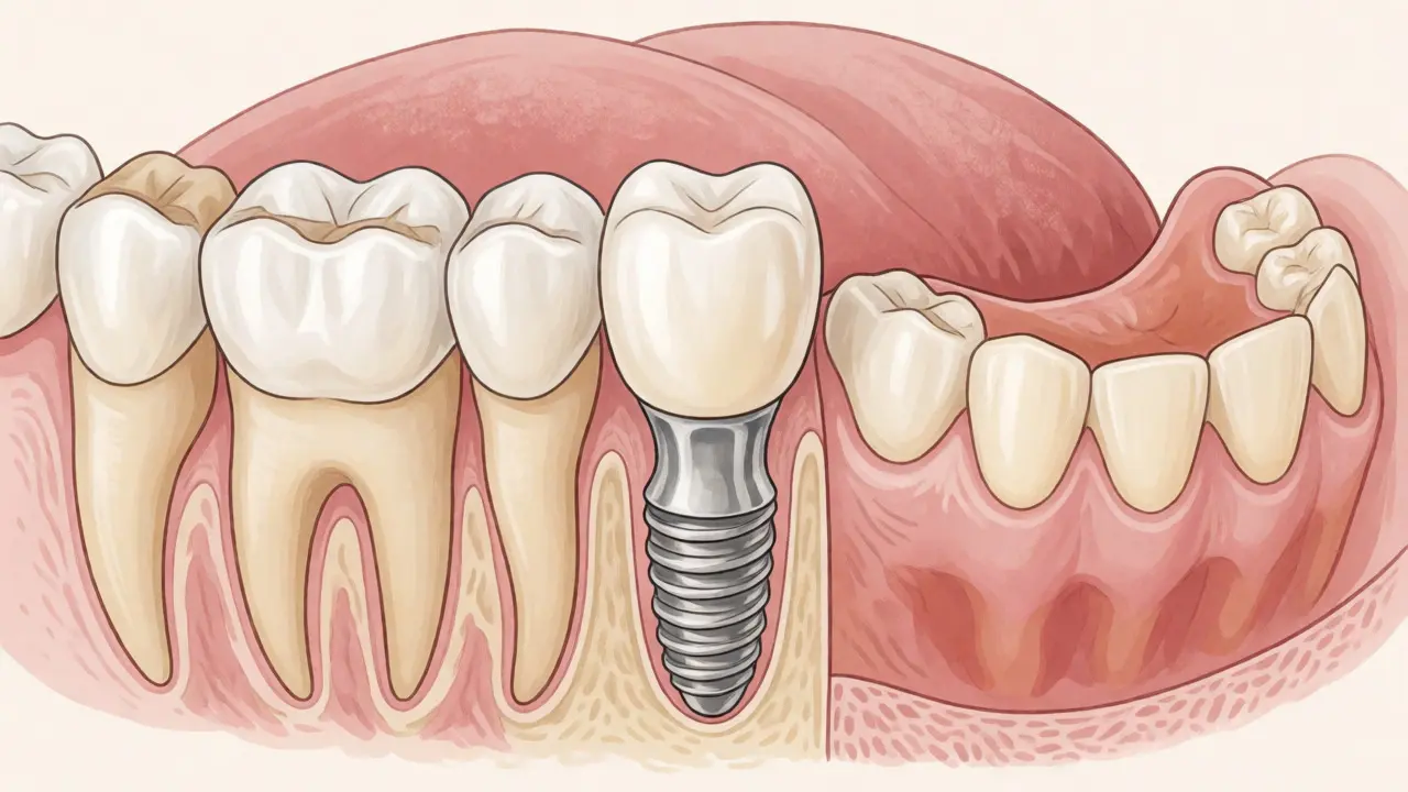Porovnání zubního můstku, samostatného implantátu a snímatelné protézy v řezu ústy.