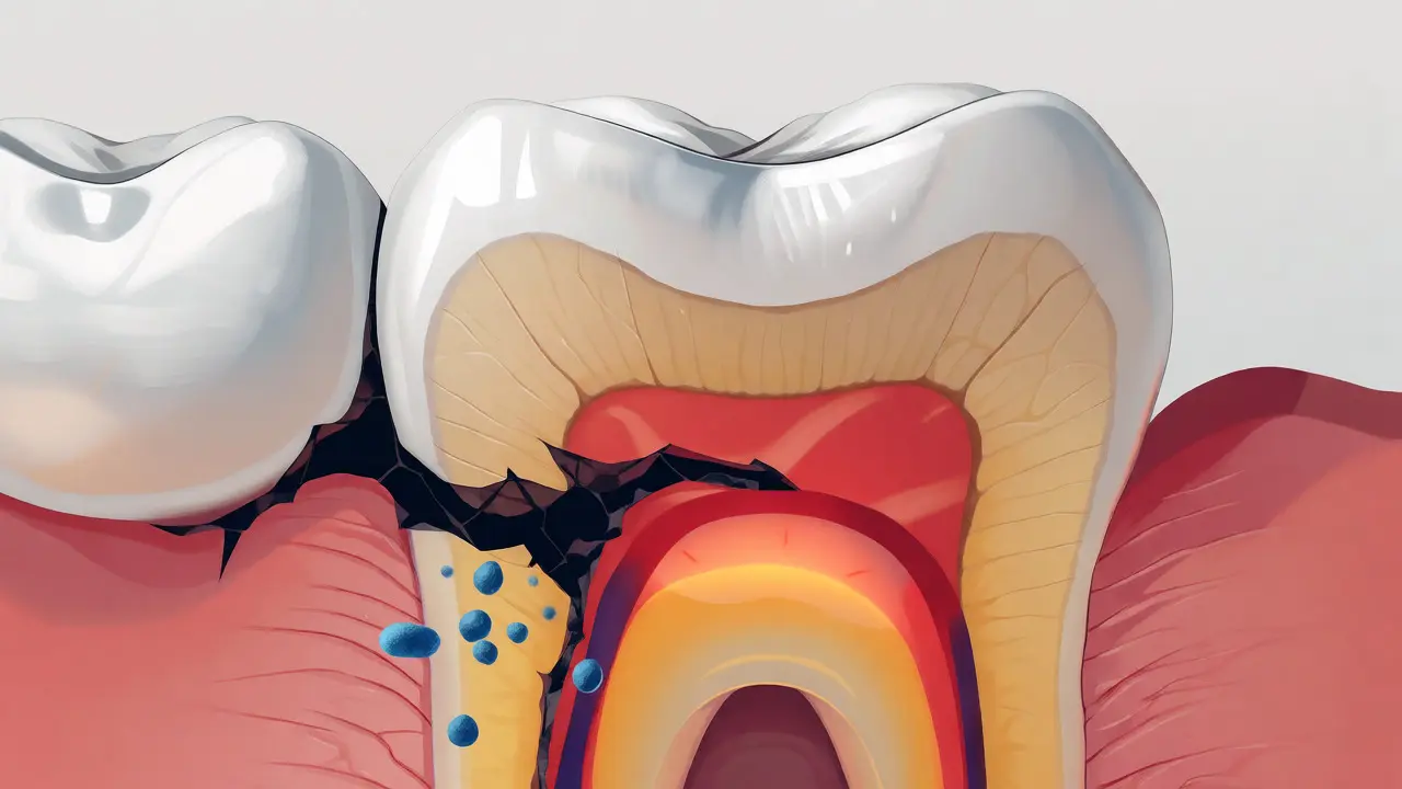 Řez zubem ukazující prasklinu ve sklovině a dentinu