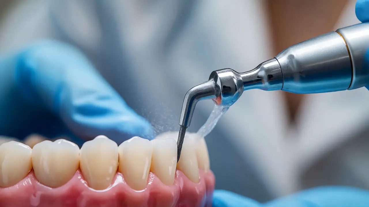 Zubní hygienistka odstraňuje zubní kámen pomocí ultrazvukového přístroje