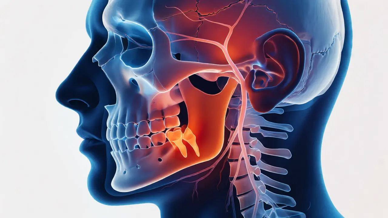 Anatomické schéma čelisti s vyznačeným tlakem zubů moudrosti na nervy