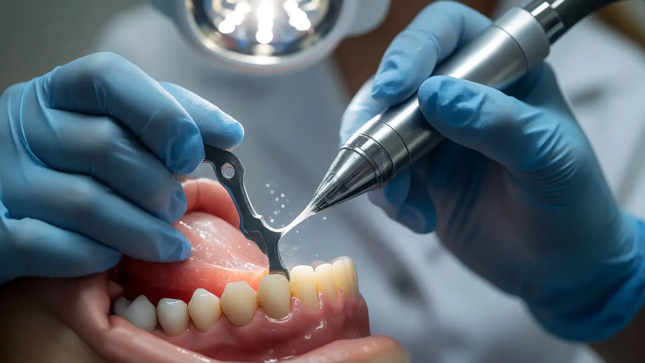 Dentální hygienistka odstraňuje kámen ultrazvukem v ordinaci