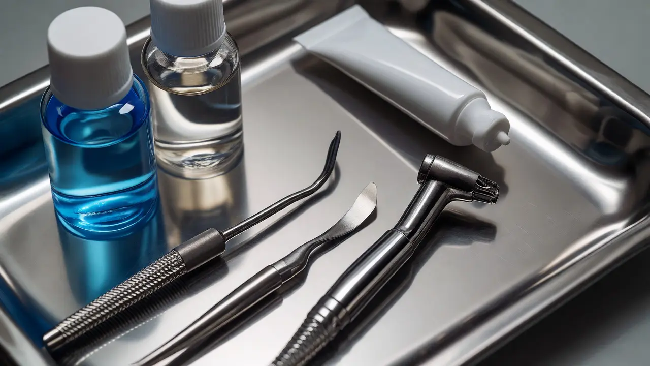 Dentální kyreta a ultrazvuková špička na sterilním podnosu