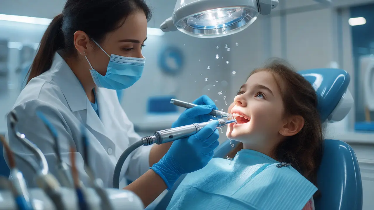 Dentista odstraňuje zubní kámen zuby dítěte v ordinaci