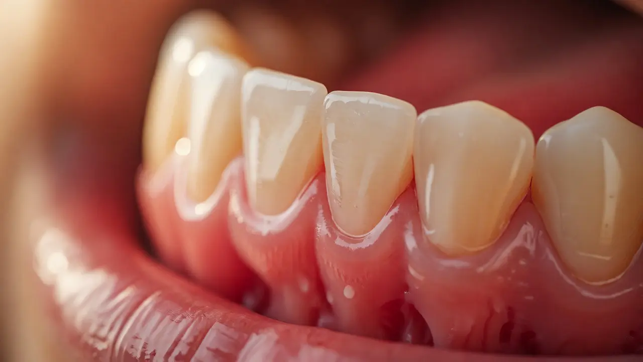 Detail zdravých růžových dásní v procesu hojení
