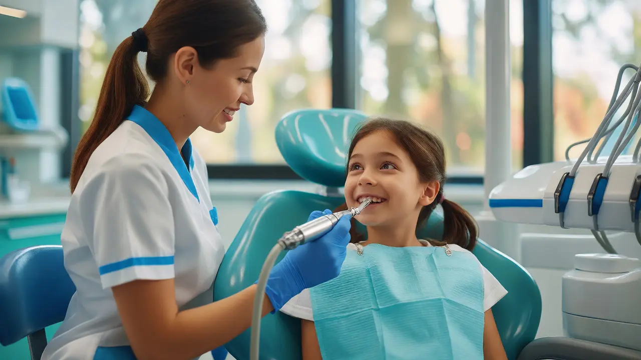 Hygienista odstraňuje zubní kámen ultrazvukem u dítěte v ordinaci