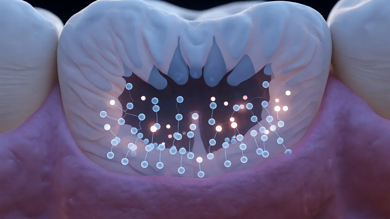 Ilustrace vazby molekul antibiotika na krystalky zubu během vývoje skloviny a dentinu.
