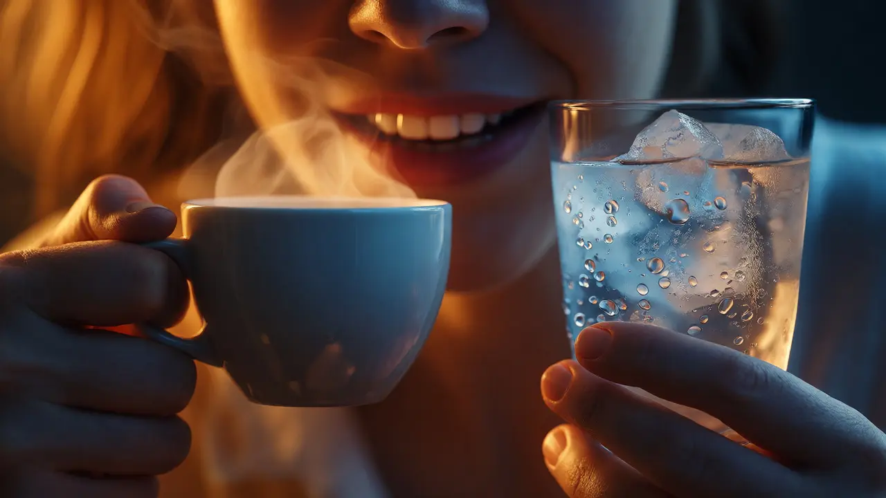 Kontrast horké kávy a ledové vody znázorňující tepelný šok pro zuby.