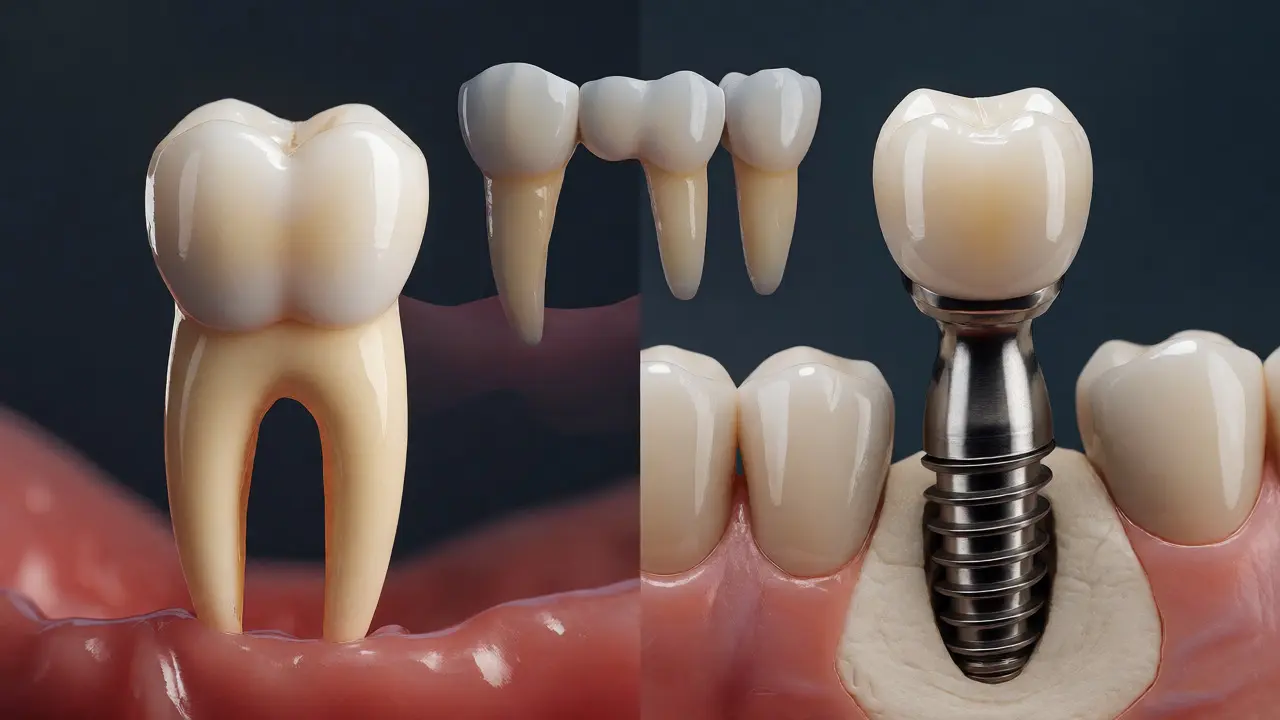 Porovnání samostatné korunky na kořeni a nezávislého zubního implantátu.
