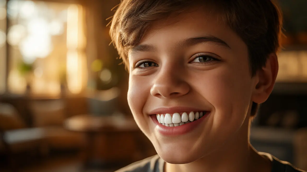 Usměvavý teenager s bílými keramickými fasetami, které zakrývají původní zabarvení zubů.